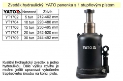 Zvedák hydraulický YATO panenka s 1 stupňovým pístem, 5 tun zdvih 468mm 