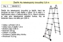 Žebřík Alu teleskopický dvoudílný celková délka 3,8 m 