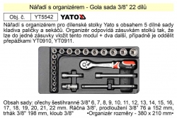 Sada nářadí s organizérem YT5542 gola sada 3/8" 22 dílů 