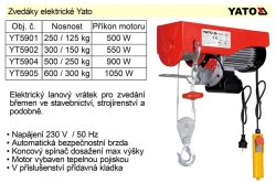 Zvedák elektrický vrátek nosnost 300 kg YATO YT5902 