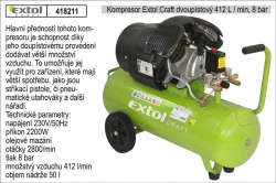 Kompresor Extol Craft 50L dvoupístový 8bar 412L/min s olejovým mazáním 