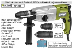 Vrtačka Extol Craft 800W kombinovaná s výměnnými hlavicemi + SDS vrtáky a sekáče 