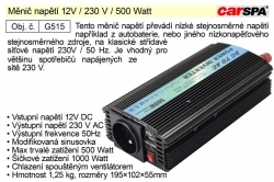 Měnič napětí 12V / 230 V / 500 Watt G515 