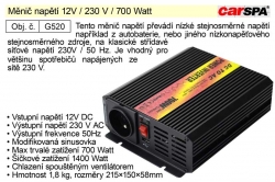 Měnič napětí 12V / 230 V / 700 Watt G520 