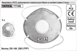 Respirátory kulaté, šedé se zpětným ventilem, sada 3 kusy YATO 